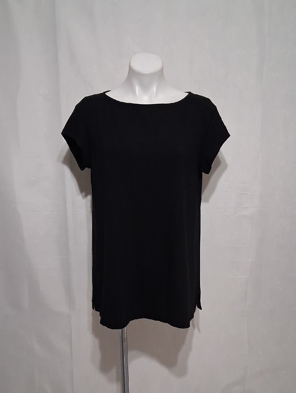 Eileen Fisher Black Fine Jersey Crepe Tunic L Side Slit Minimalist Travel Top
